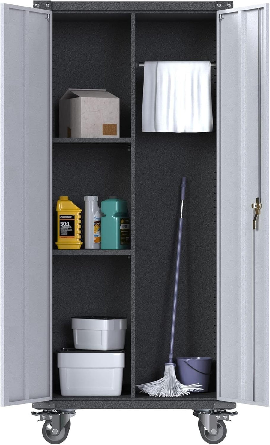 Lockable Metal Garage Cabinet with Shelves, Hanging Rod & Wheels 180cm