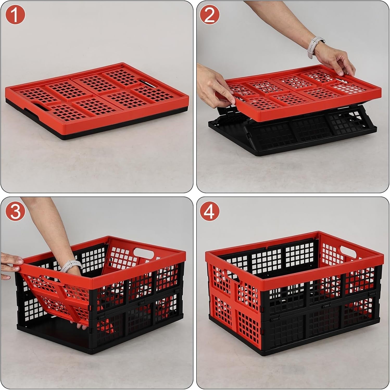 4 Pack 34L Folding Plastic Storage Crates Stackable 43.8x33x23cm