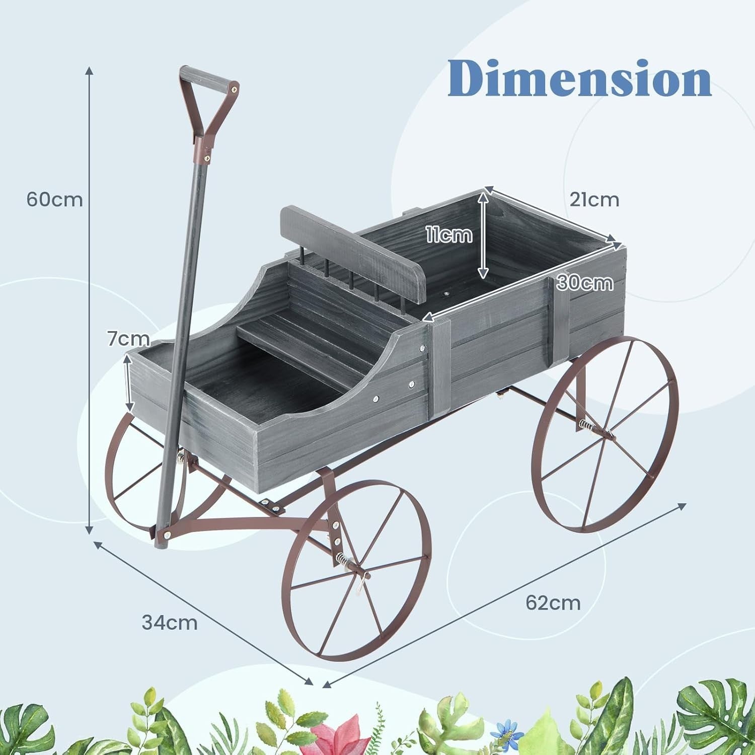Decorative Wooden Garden Wagon Planter Cart with Wheels Rotatable Handle Grey