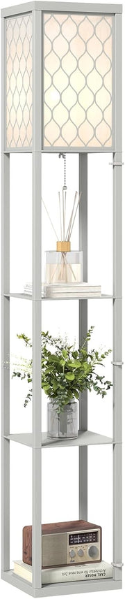 Floor Lamp with Shelves Tall Standing Light Fabric Shade Storage Unit