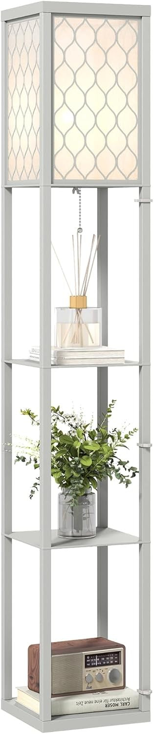 Floor Lamp with Shelves Tall Standing Light Fabric Shade Storage Unit