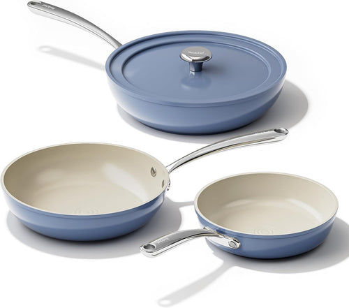 4Pcs Blue Ceramic Non Stick Frying Pan Set 20 24 28cm with Lid Oven Safe