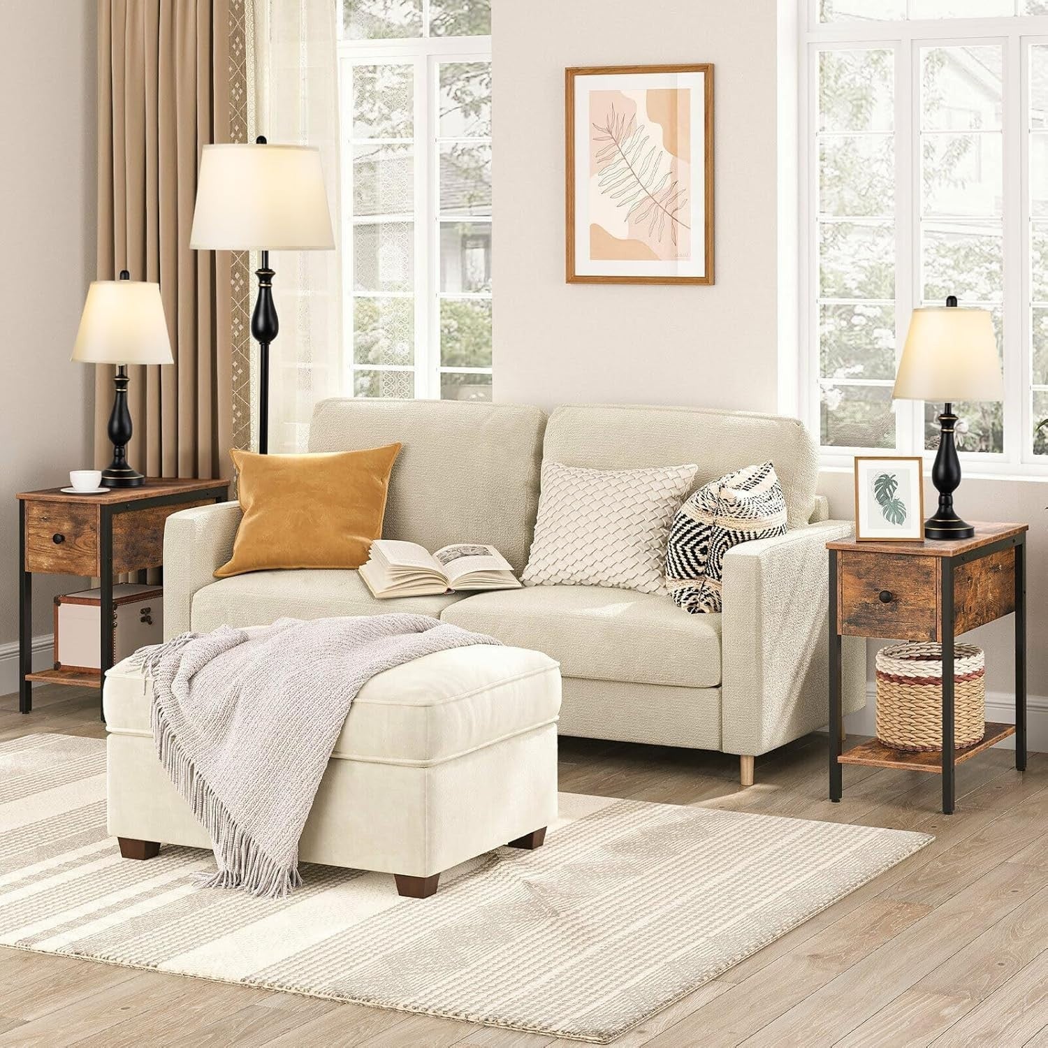 3-Piece Floor & Table Lamp Set with White Linen Shade, E27 Bulbs Included