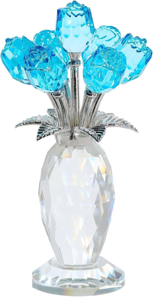 Light Blue Crystal Rose Bouquet Ornament Glass Flower Figurine Gift Decor