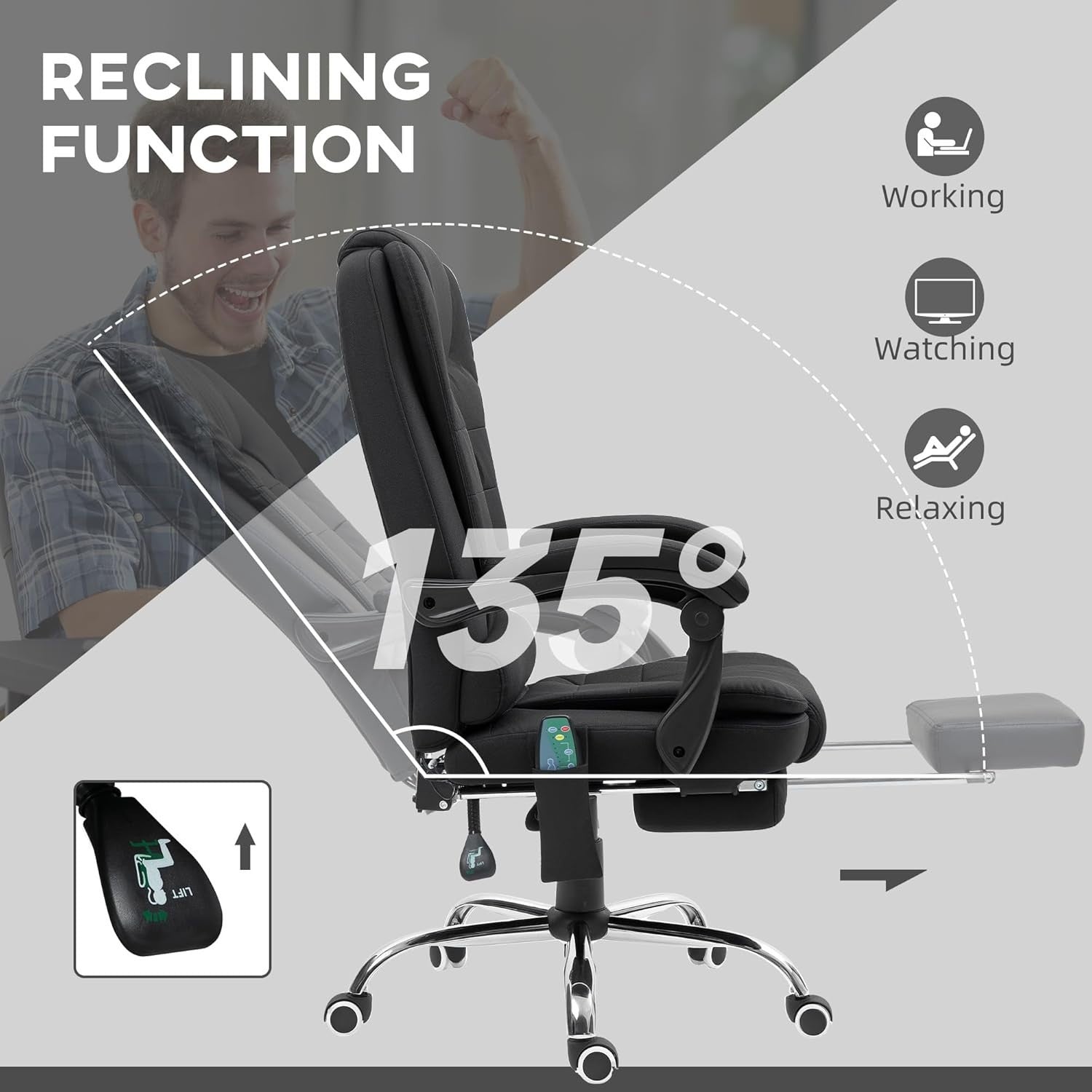 Heated Massage Office Chair Recliner Executive Desk Seat Footrest Black NEW