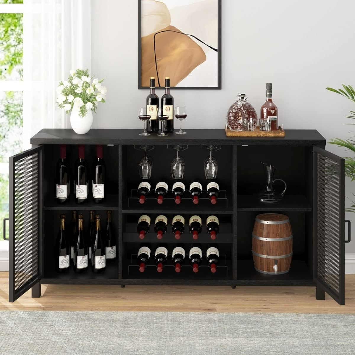 Black Oak Wine Bar Cabinet Sideboard with Wine Rack & Glass Storage 140cm