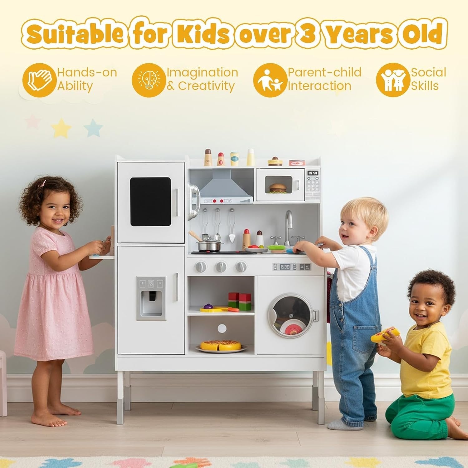 Adjustable Wooden Kids Play Kitchen White w/ Lights Sounds Set