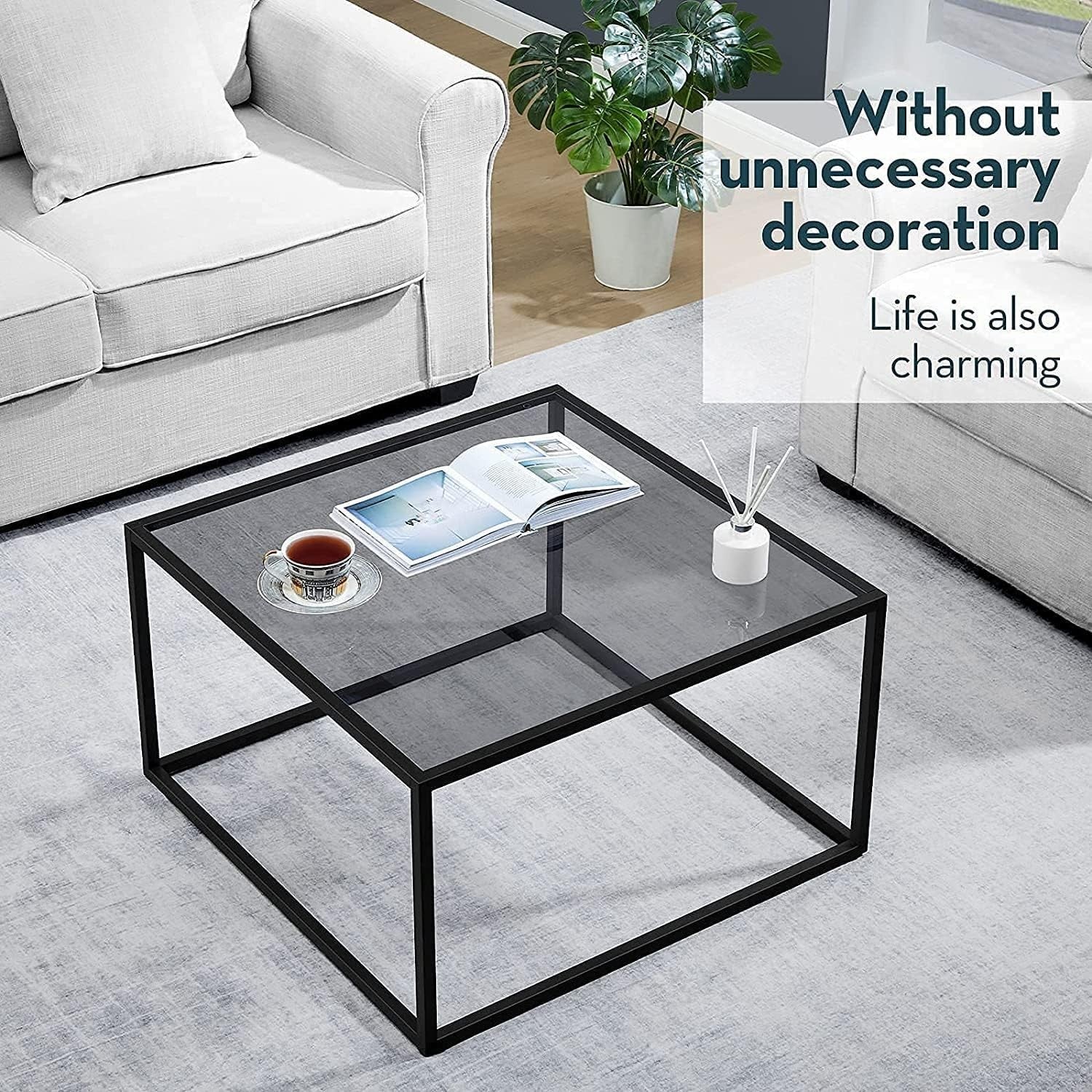 Modern Glass Coffee Table Grey – Small Square Center Table for Living Room