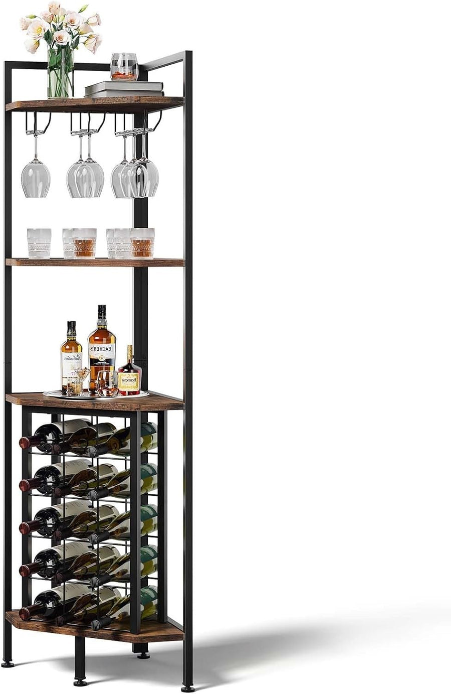 Tall Corner Wine Rack Shelf with 15 Bottle Holder & Glass Hanger Industrial