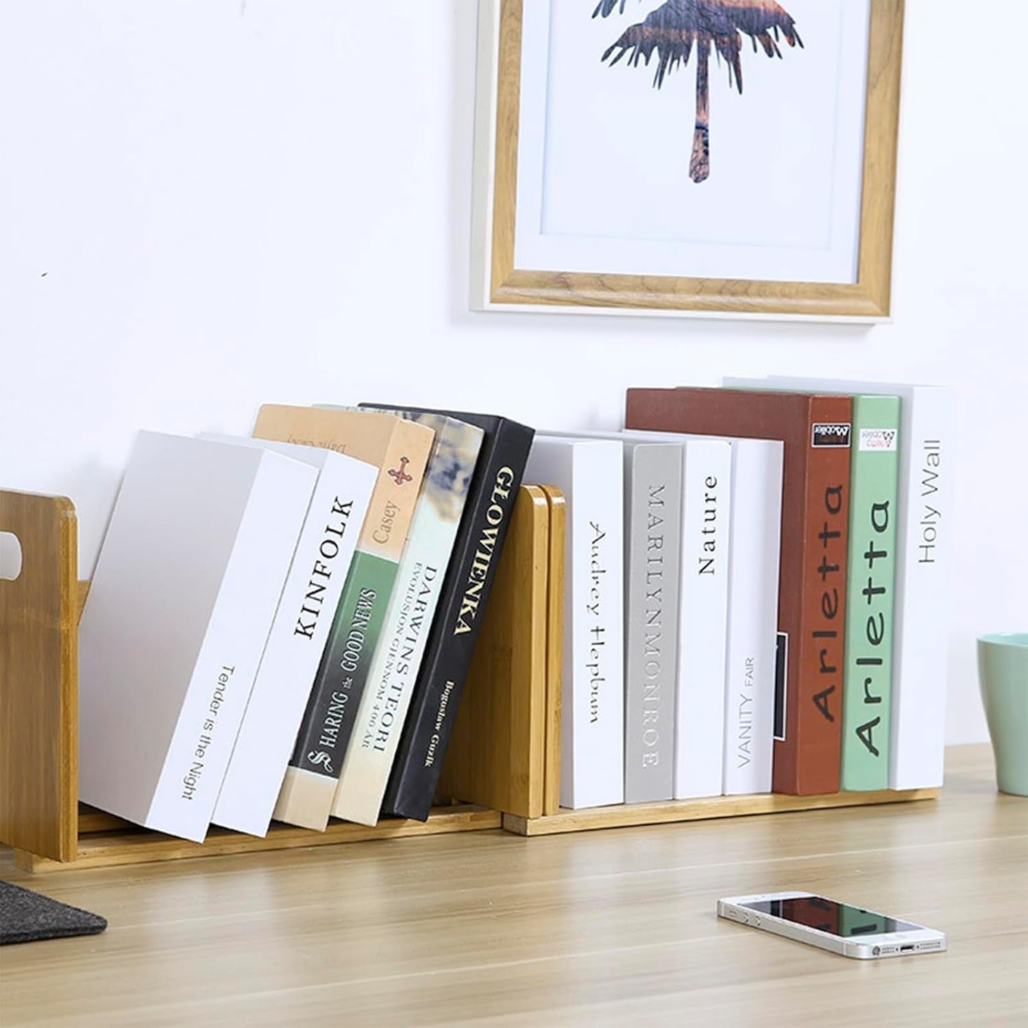Expandable Bamboo Desktop Bookshelf Adjustable Book Organizer with Carry Handles