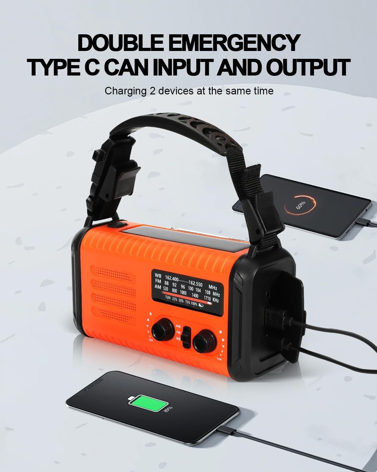 Wind Up Orange Solar Emergency Radio with 20000mAh Battery, AM/FM & Flashlight