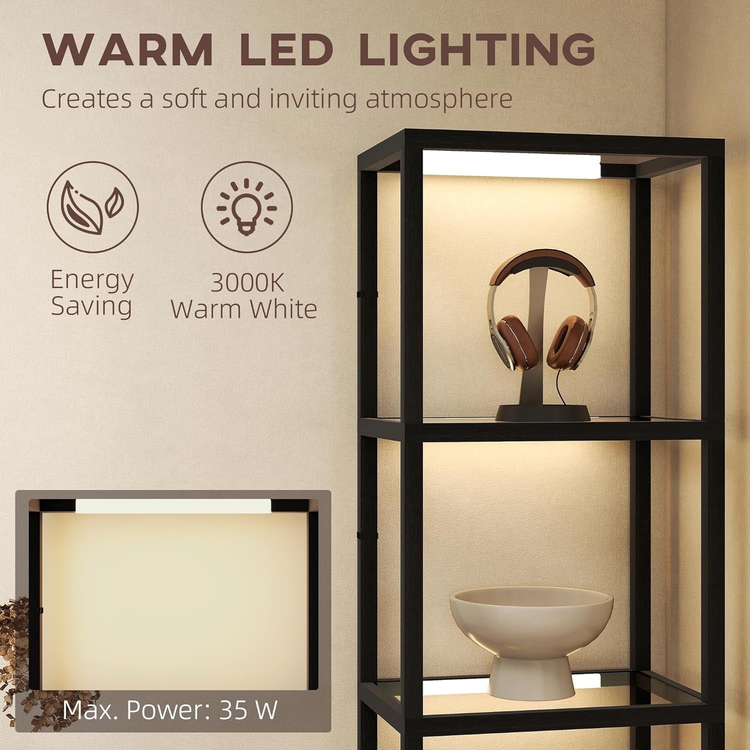 Tall Floor Lamp with Glass Shelves Dimmable Column Storage LED Standing Light