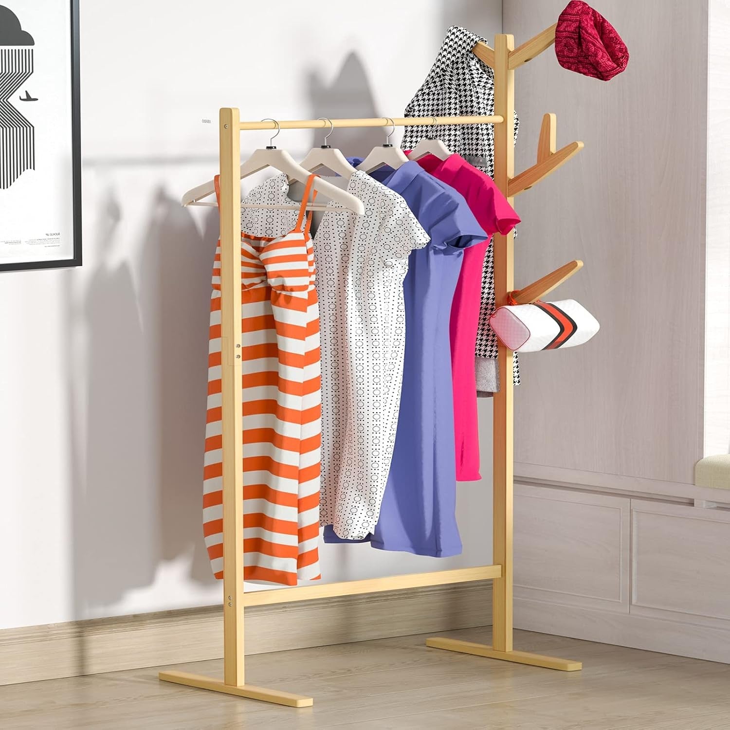 2-in-1 Wooden Bamboo Coat Rack Stand 8 Hooks Freestanding Hallway Hanger