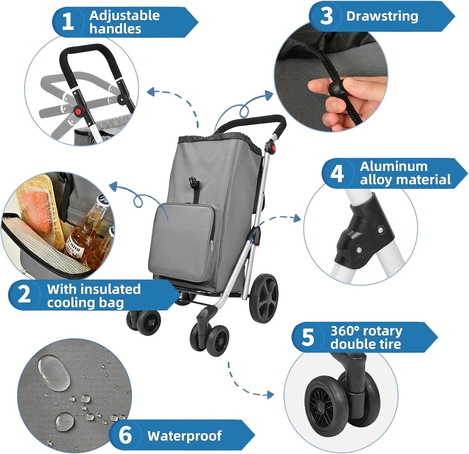 6-Wheel Folding Shopping Cart Trolley 45L Aluminium Insulated Bag Black