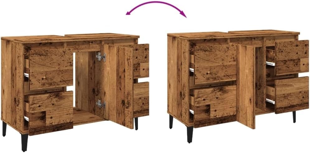 Rustic Oak Bathroom Sink Cabinet Vanity Unit with Drawers Cupboard Storage
