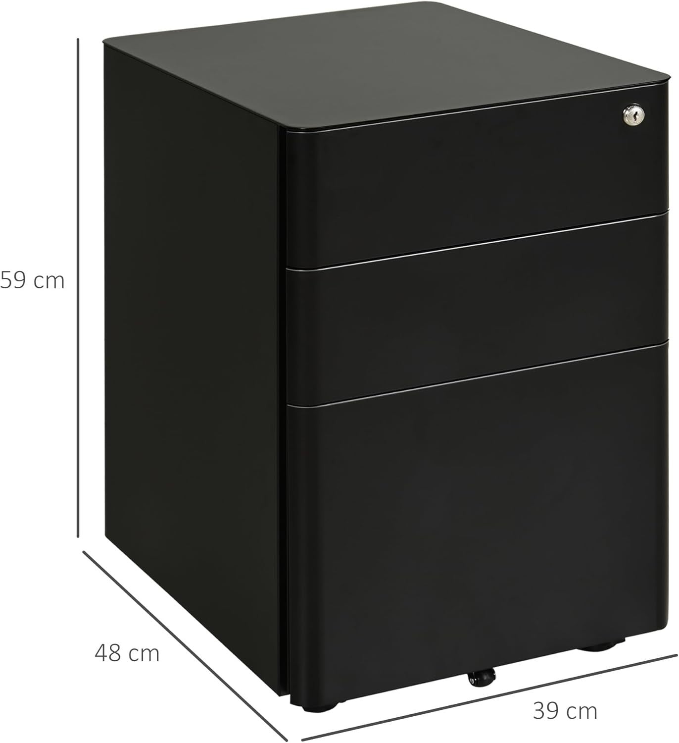 Black 3 Drawer Mobile Filing Cabinet Lockable Steel A4 Letter Office Storage