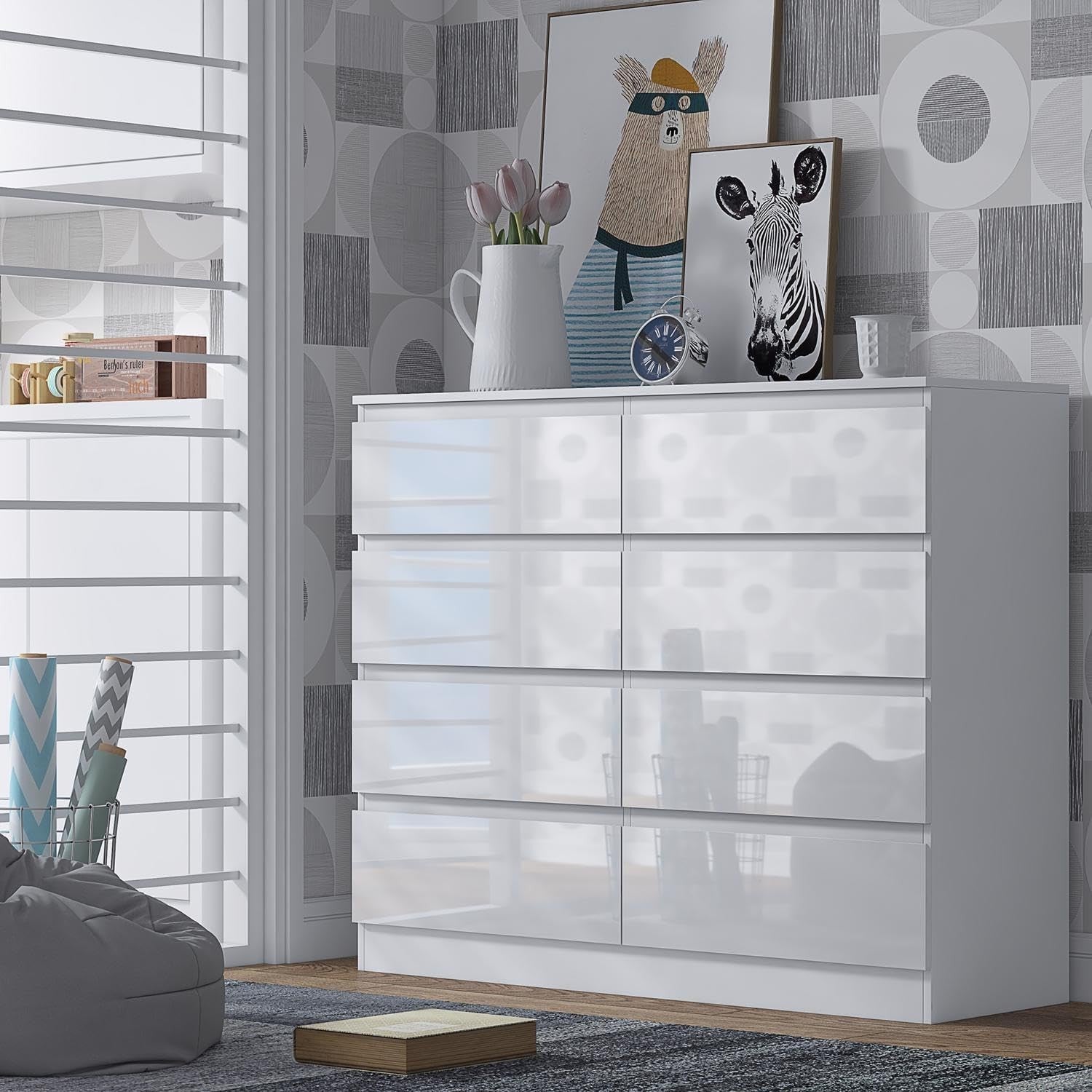 White Gloss 8-Drawer Chest Bedroom Storage Unit Handle-Free Modern Design