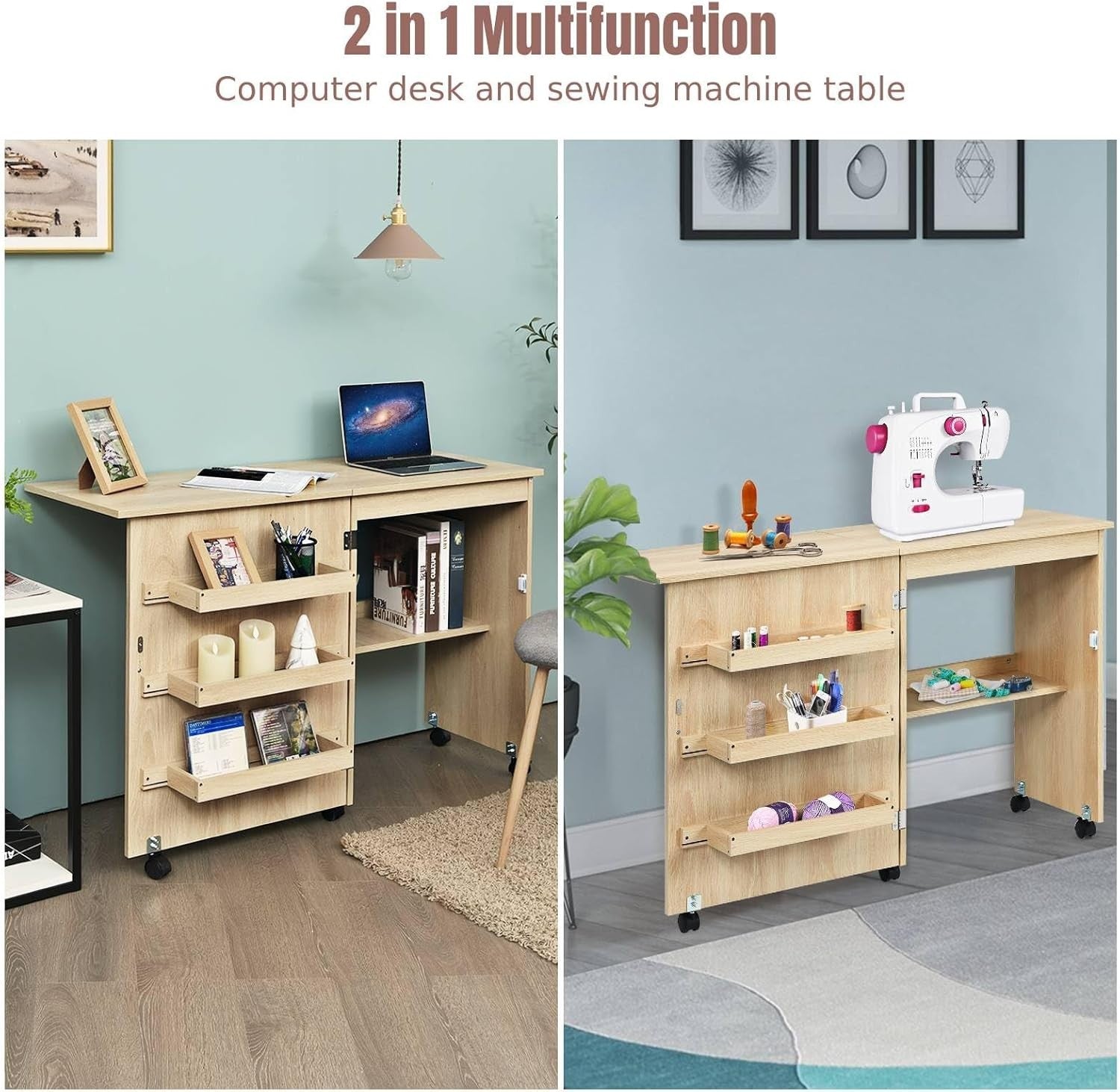 Folding Sewing Table 117cm Mobile Craft Desk with Shelves & Wheels Beige