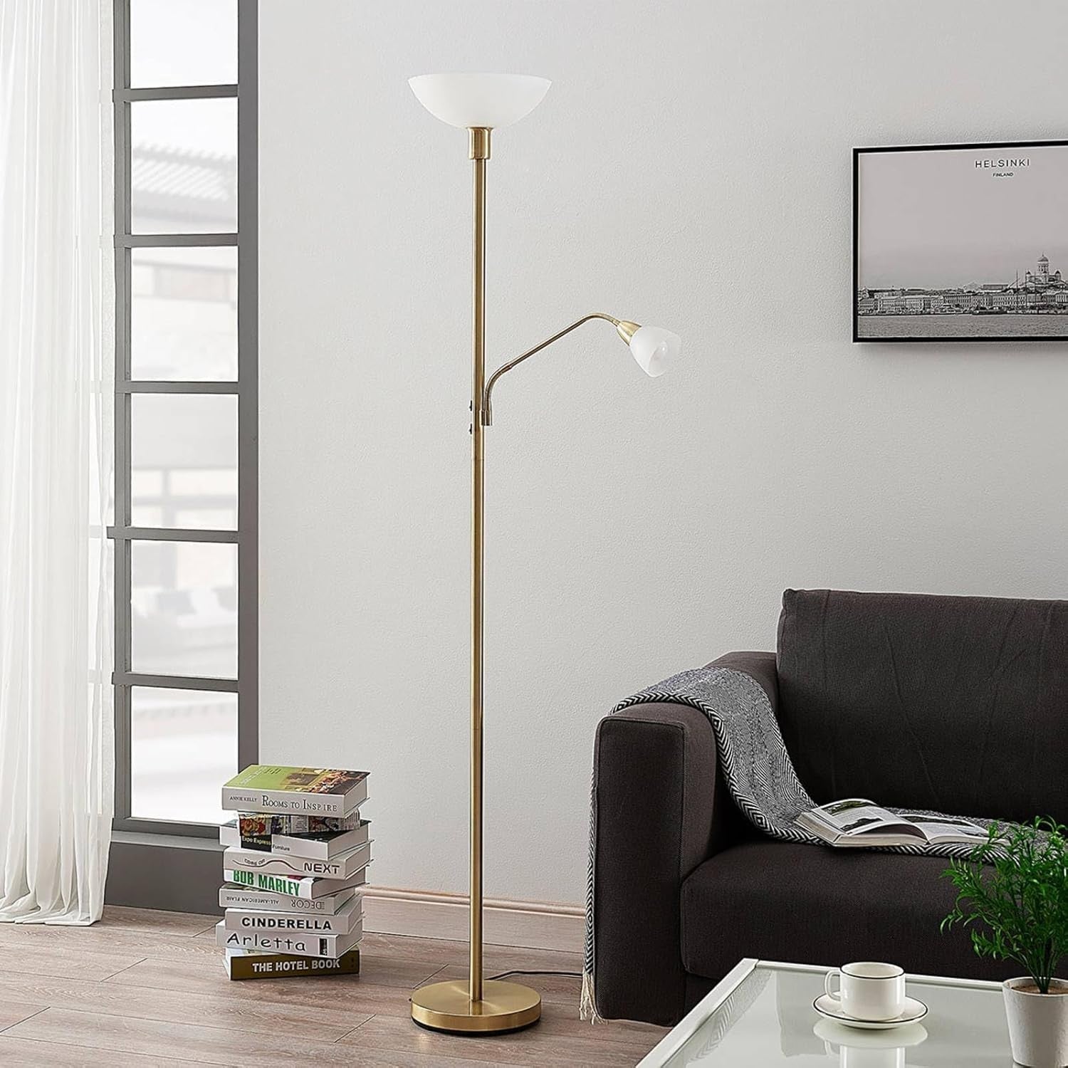 Gold Uplighter Floor Lamp with Reading Arm Matt Brass Frosted Glass