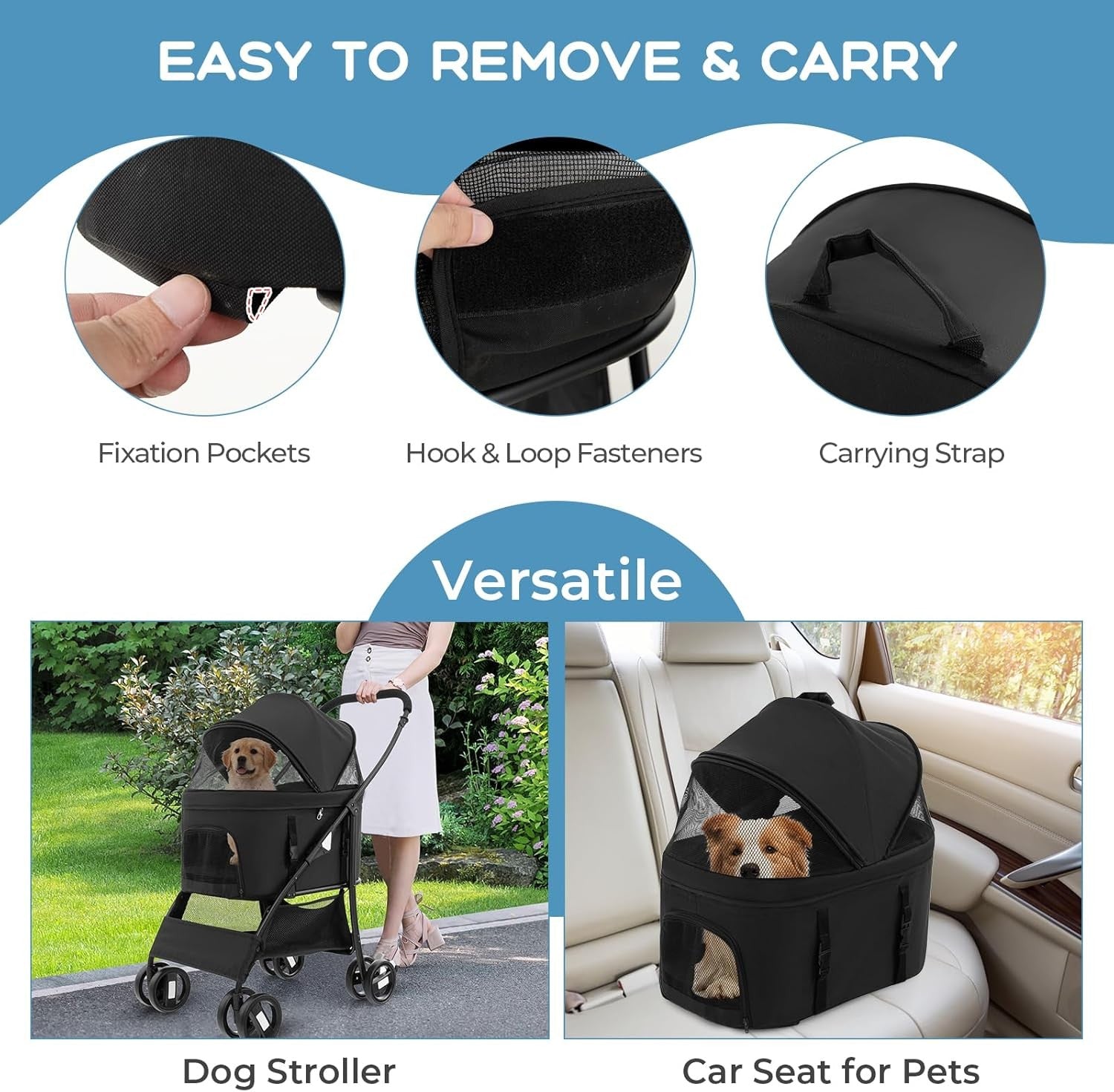 3 in 1 Pet Stroller Folding Cat Pushchair Detachable Carrier 4 Wheel