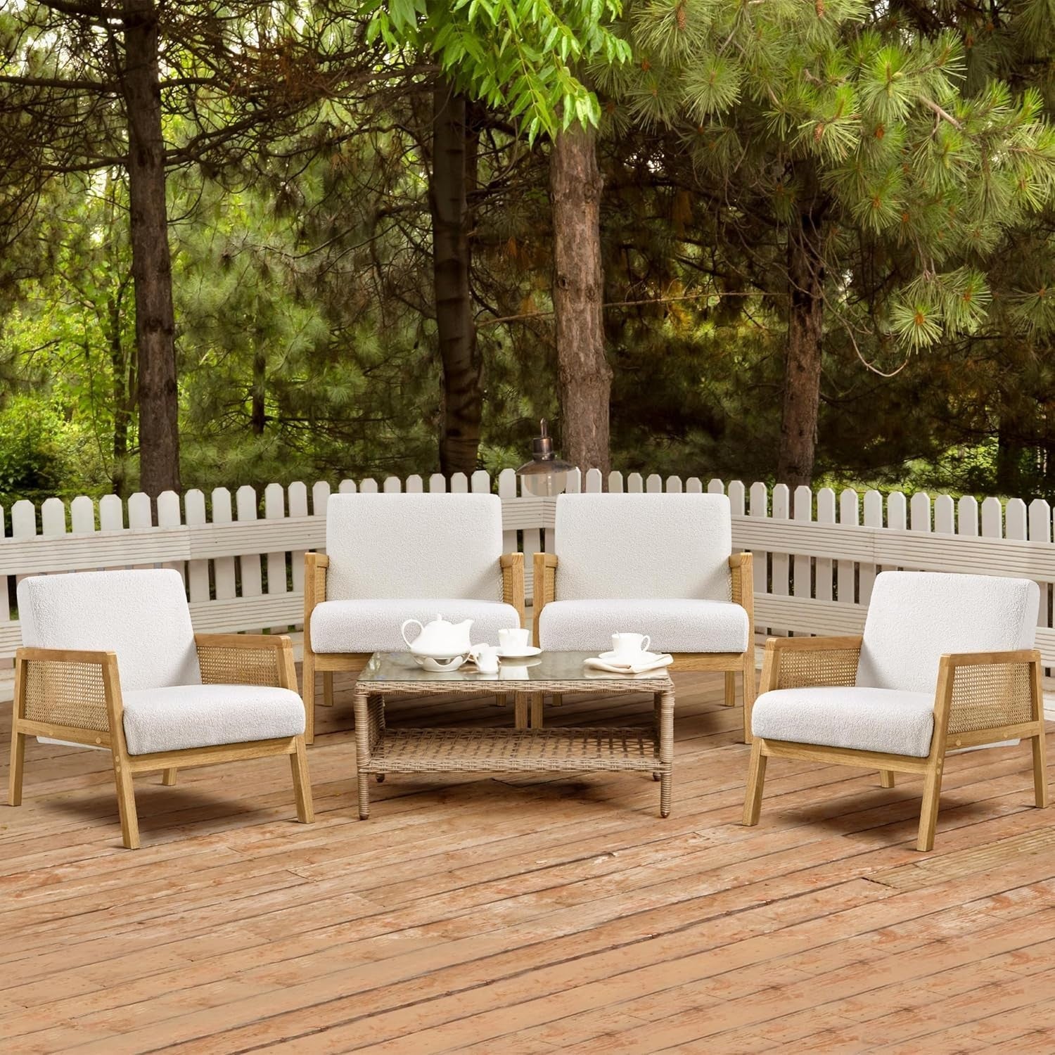 Set of 2 Ivory Modern Accent Chairs with Rattan Arms | Plush Boucle Fabric