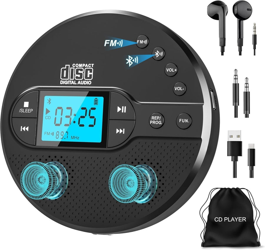 Portable Discman CD Player Bluetooth Rechargeable FM Transmitter AUX USB
