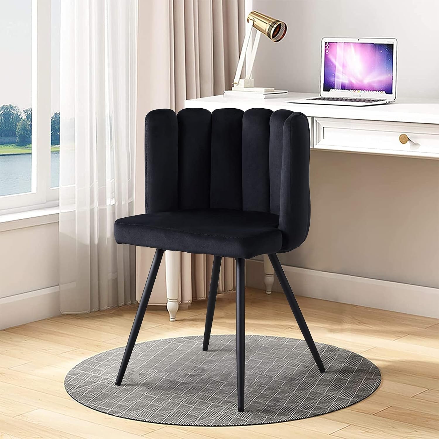Set of 2 Black Velvet Dining Chairs Thick Padded Metal Legs
