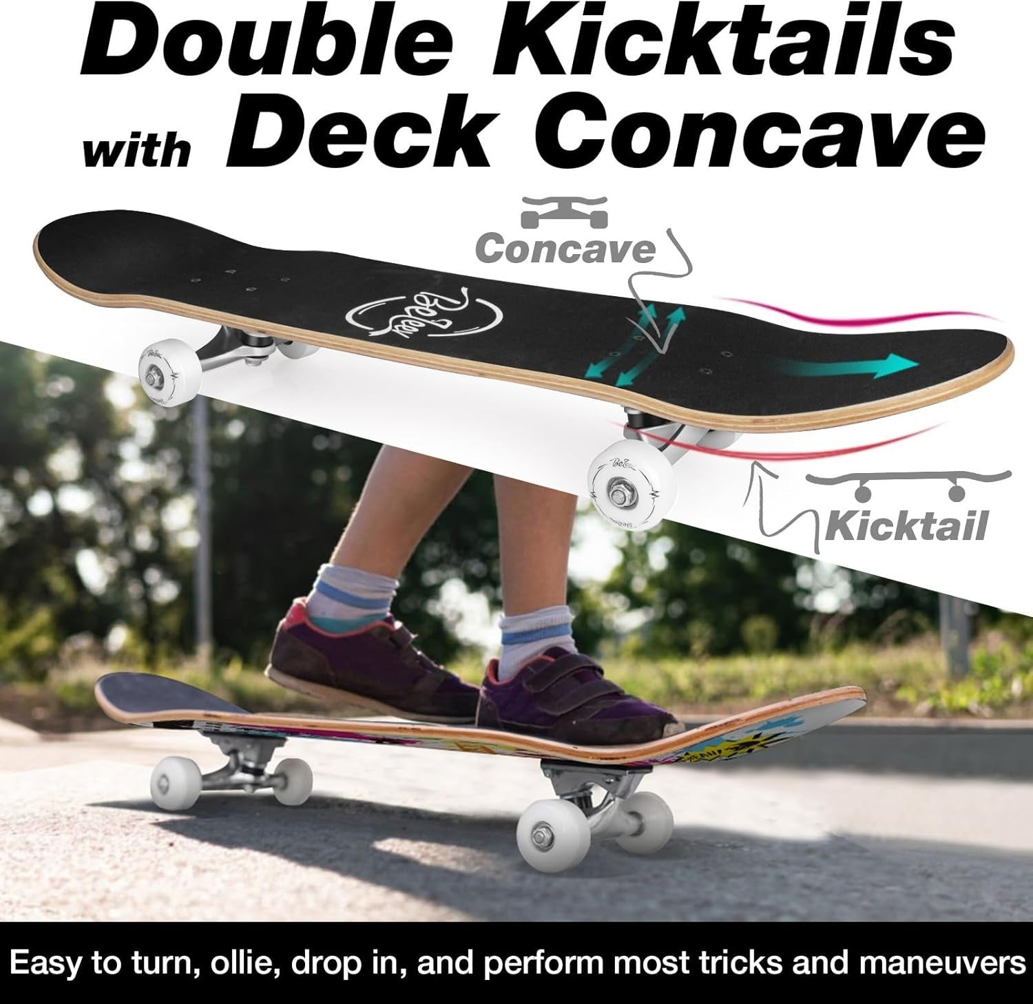31x8 Complete Skateboard Maple Deck Double Kick Kids Teens Adult Multi