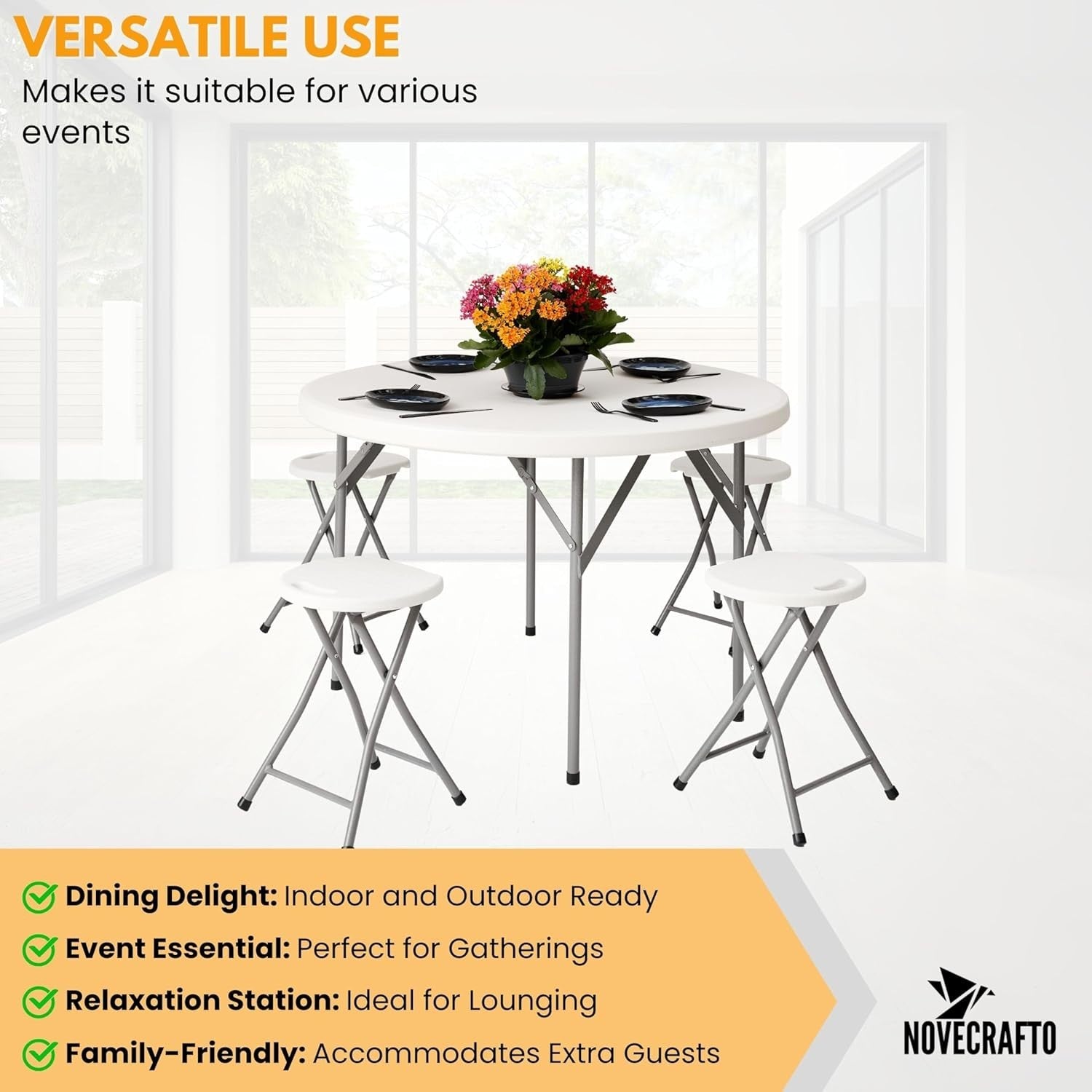 Round Folding Table & 4 Stools Set Outdoor Kitchen BBQ Garden Camping