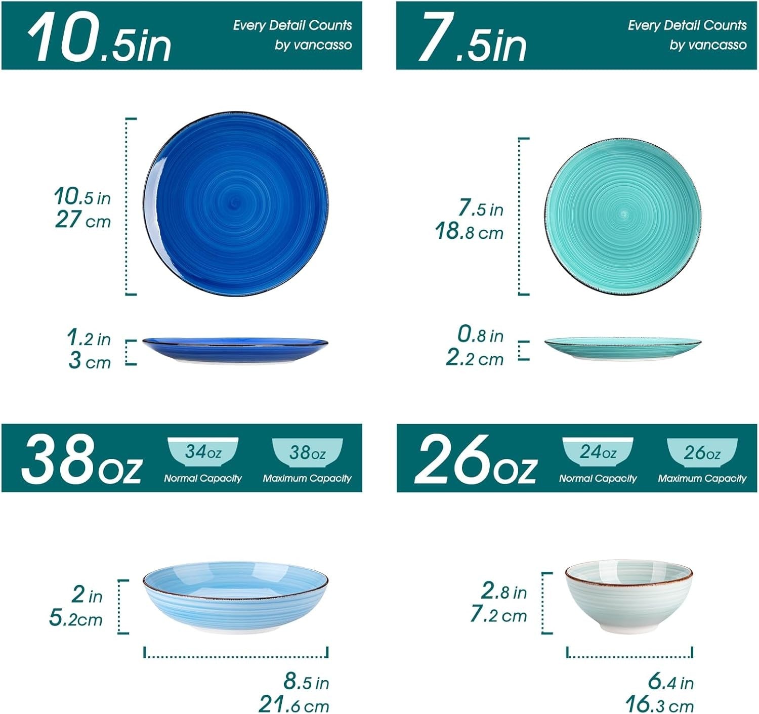 24pc Stoneware Dinner Set for 6 Blue Spiral Plates Bowls Serving Dishes