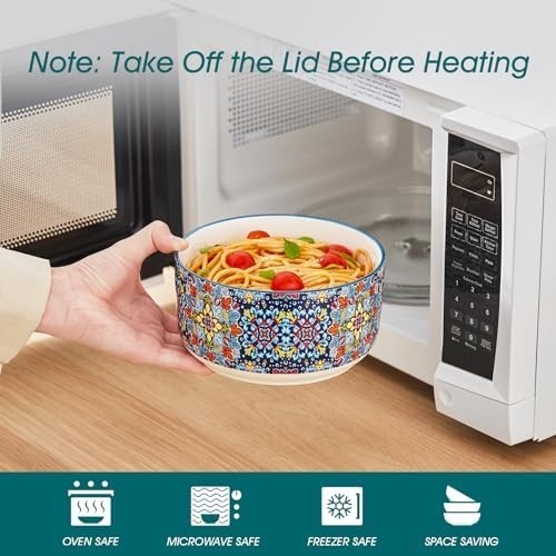 36oz Ceramic Bowls with Lids Set of 4 Bohemian Meal Prep Storage