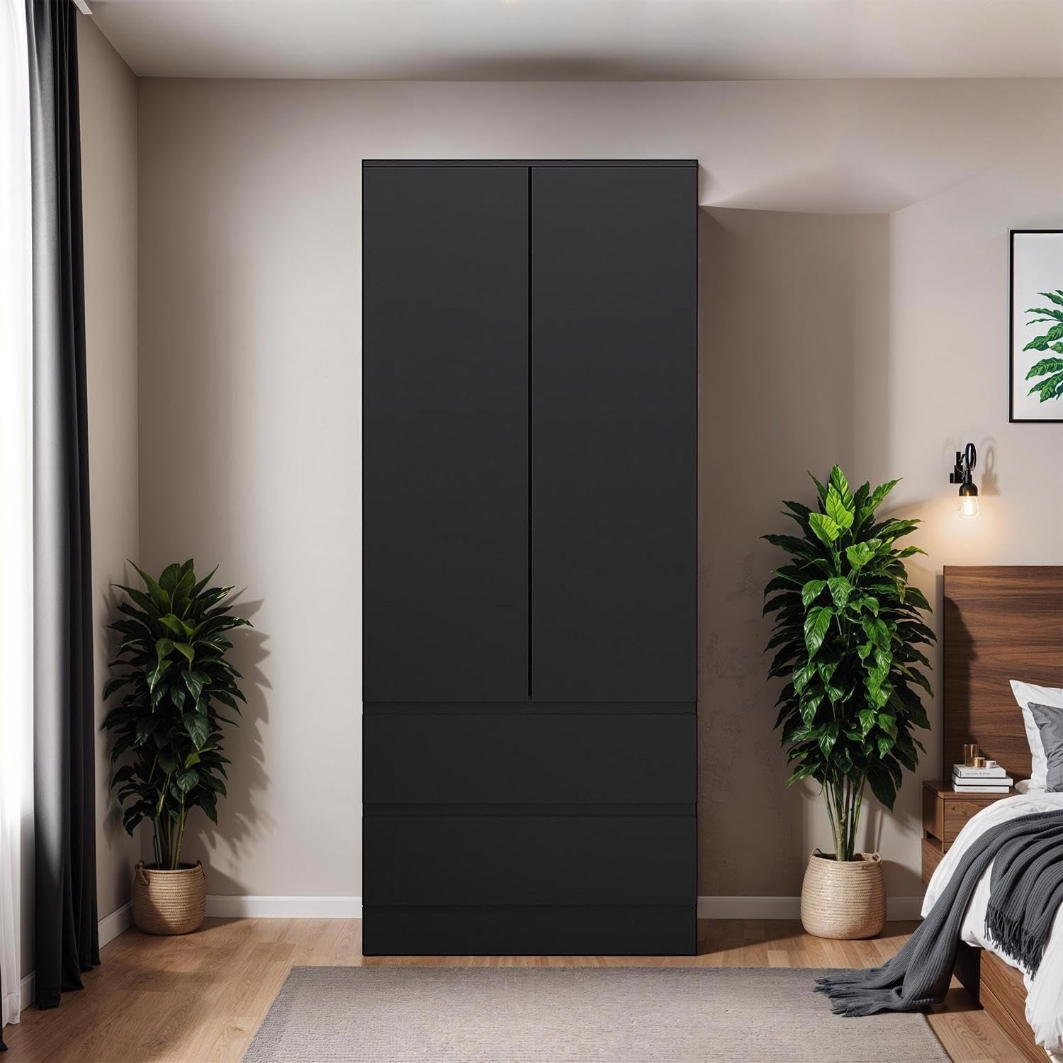 Matt Black 2-Door Wardrobe with 2 Drawers | Bedroom Storage & Clothes Organizer