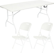 6ft Folding Table with 2 Premium Chairs White Indoor Outdoor Set