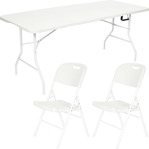 6ft Folding Table with 2 Premium Chairs White Indoor Outdoor Set