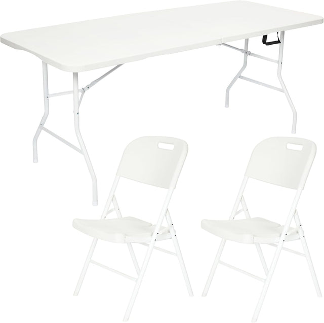 6ft Folding Table with 2 Premium Chairs White Indoor Outdoor Set