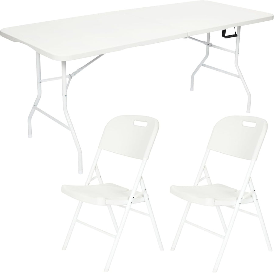 6ft Folding Table with 2 Premium Chairs White Indoor Outdoor Set