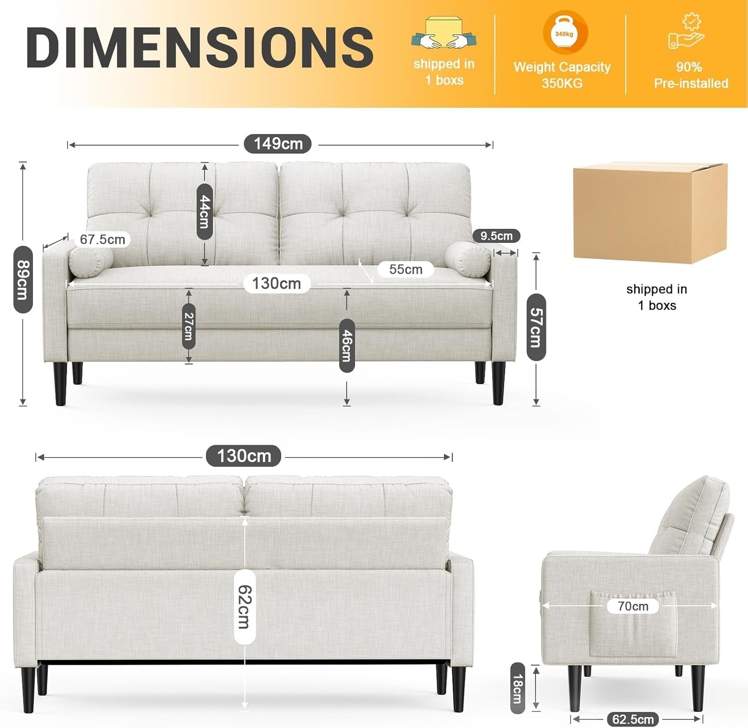 Modern Linen 2 Seater Sofa Small Space Couch with Storage & Cushions Beige