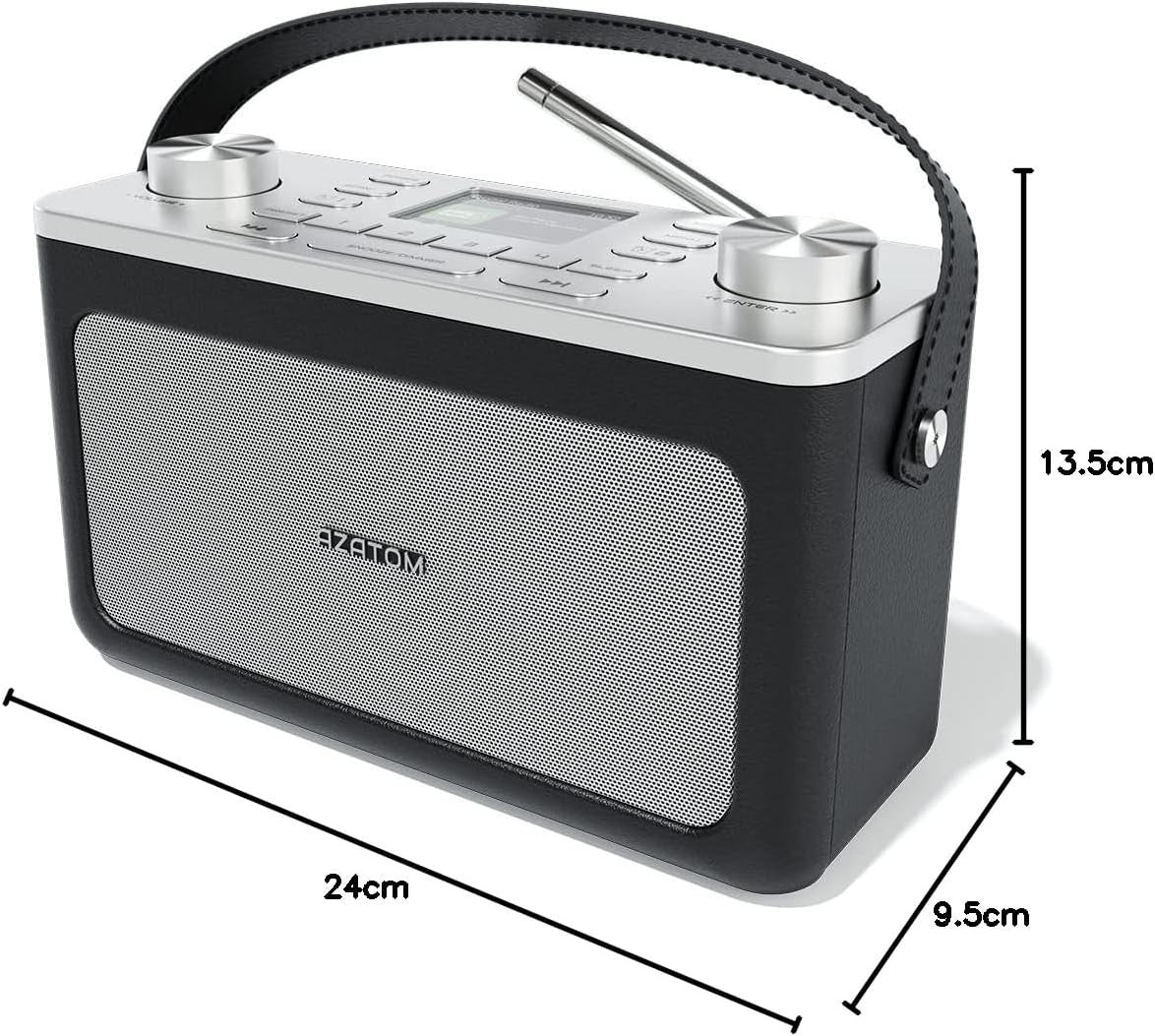 Portable DAB+ FM Radio Bluetooth Dual Alarm Leather Black Silver