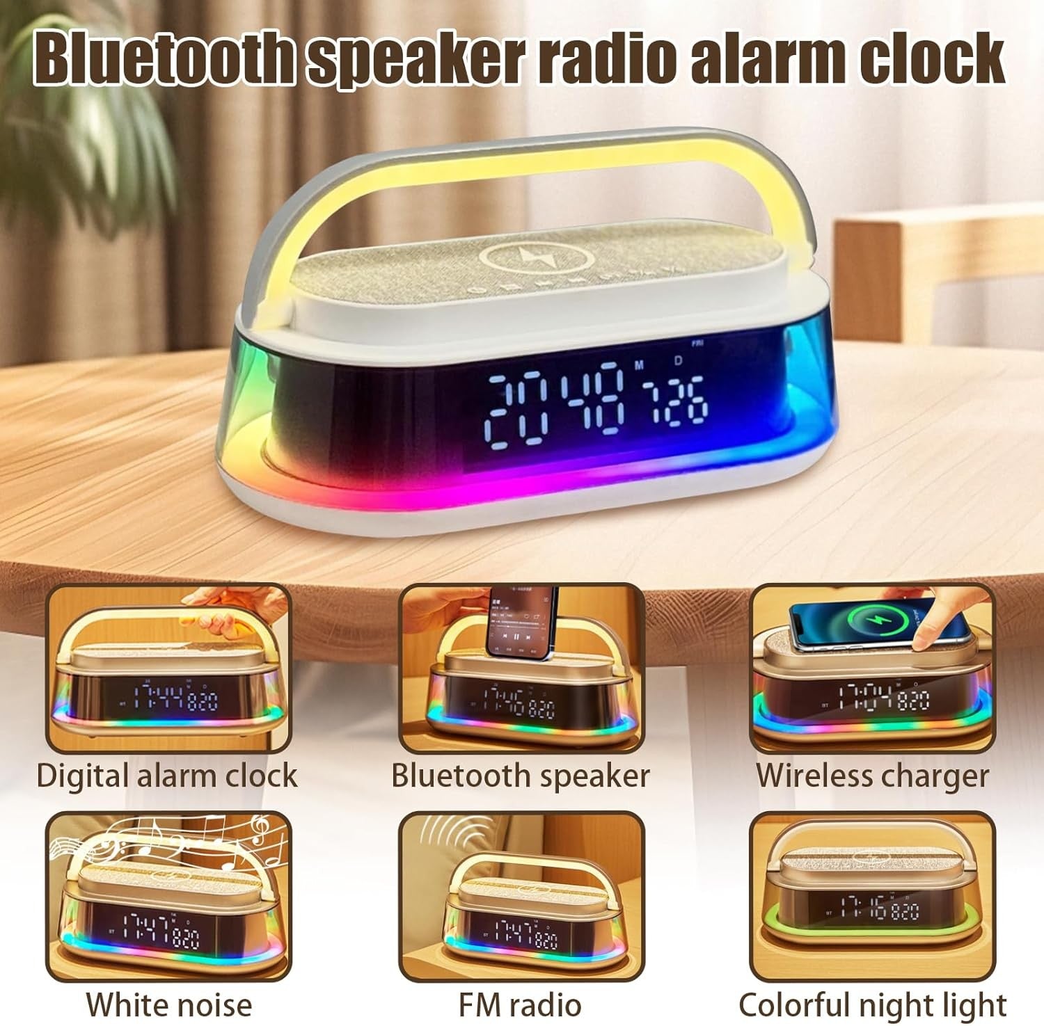Bluetooth Radio Alarm Clock Wireless Charging Speaker LED Night Light