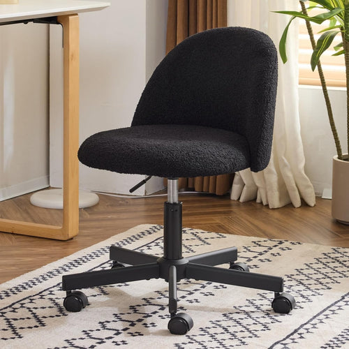 Black Faux Fur Swivel Desk Chair Adjustable Height Small Modern Vanity Seat