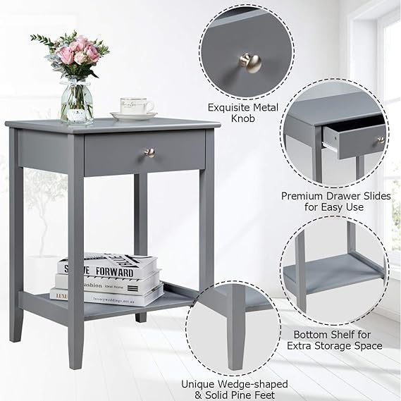 2PCS Grey Bedside Tables Modern Nightstand with Drawer & Shelf Wooden Side Table