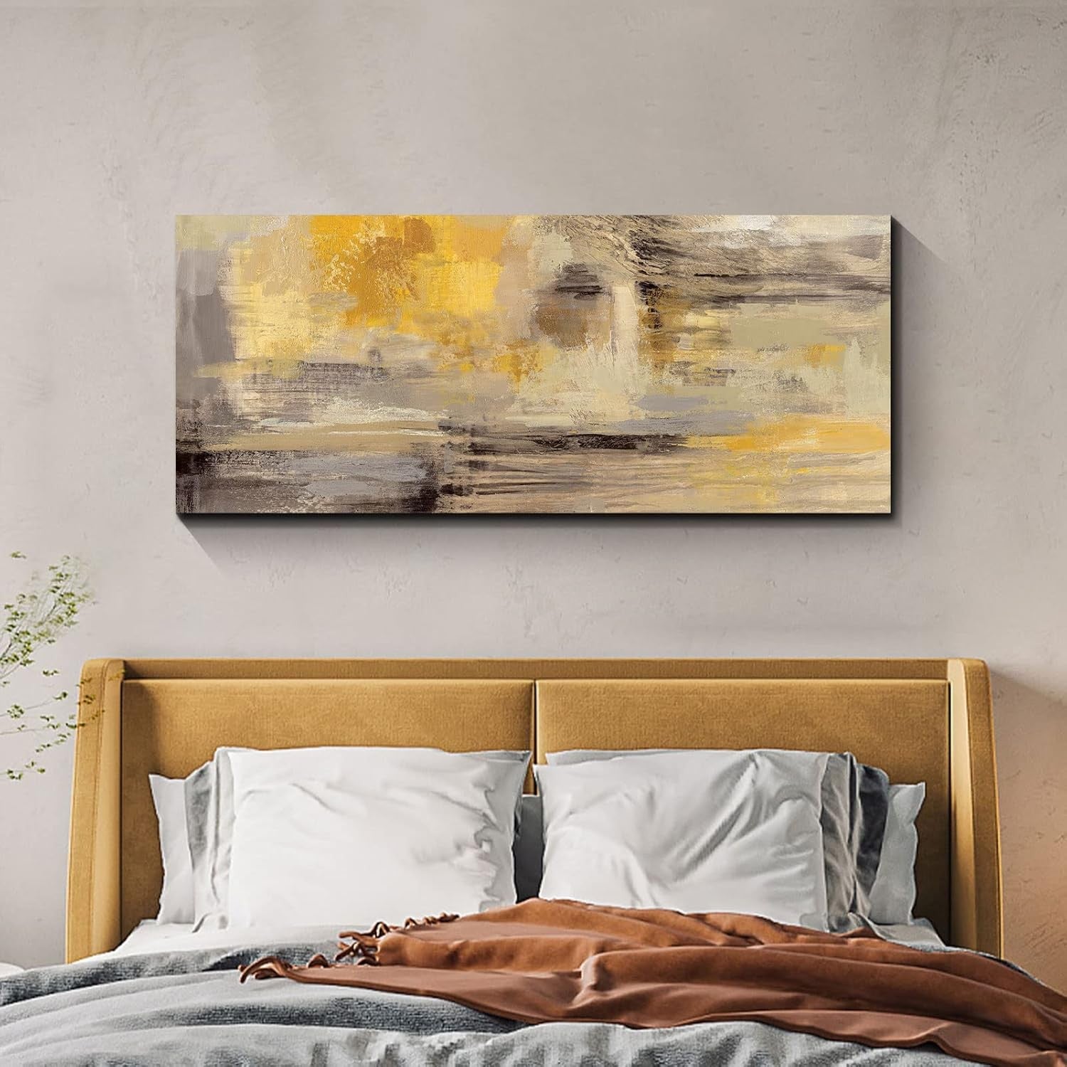Large Abstract Canvas Wall Art Mustard Yellow Grey Framed 120x50cm