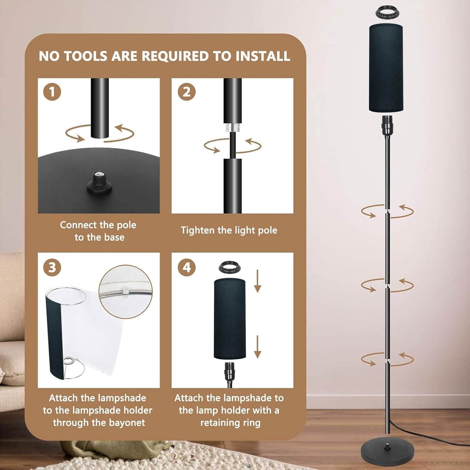 Tall Floor Lamp Black Fabric Shade 68in Standing Light Foot Switch
