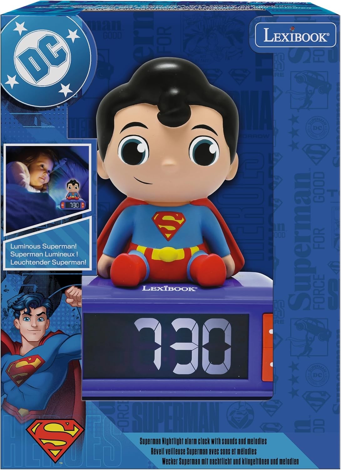 Kids Superhero Alarm Clock Night Light Blue Red LCD Snooze Sounds