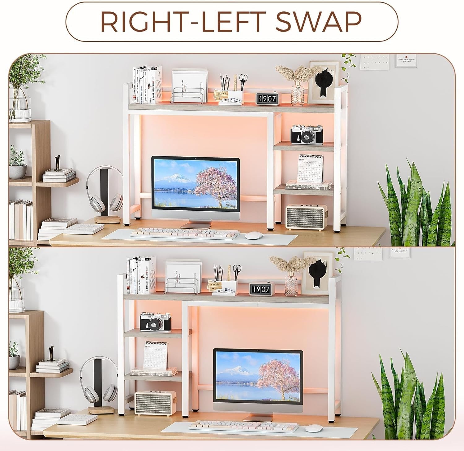 4-Tier Desk Hutch Shelf with RGB Lights 38.5" Desktop Organizer Monitor Storage