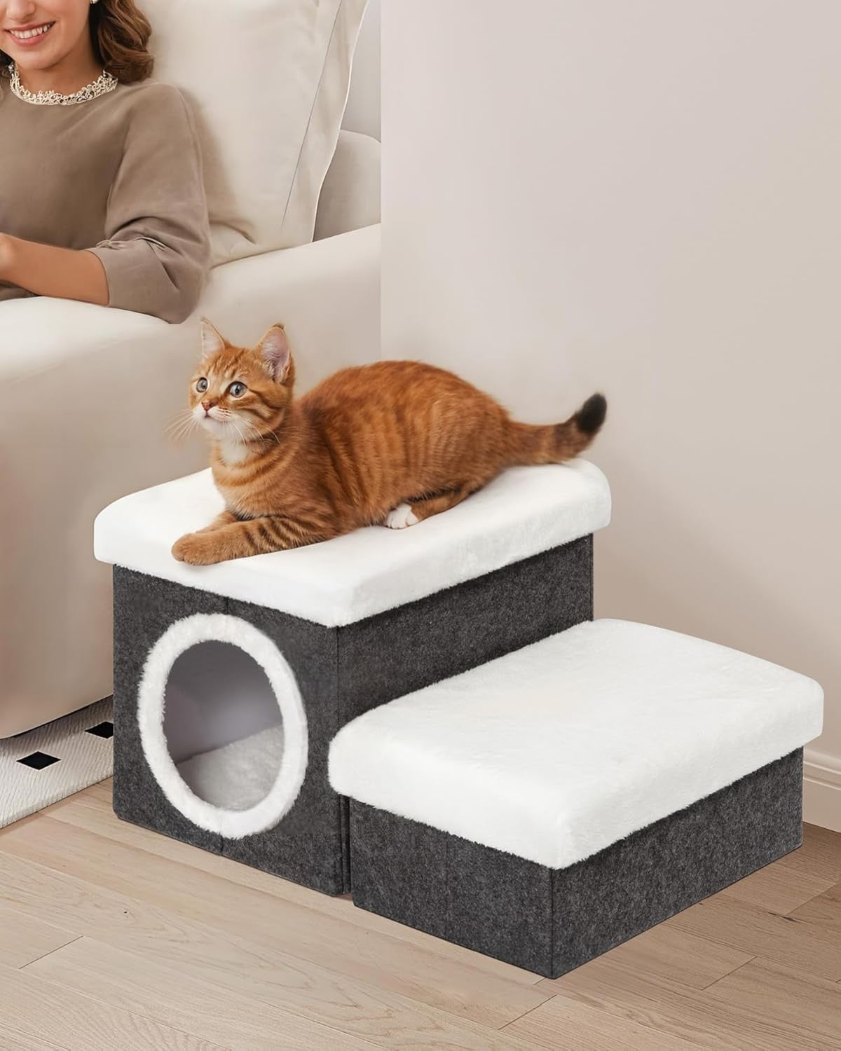 Foldable Cat & Dog Stairs 2-Tier Pet Steps with Storage 58x40x32cm