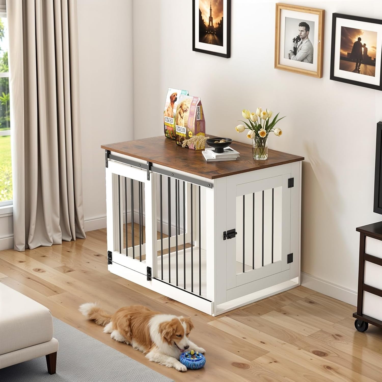 Medium Wooden Dog Crate Furniture 94x63x76cm Indoor Kennel, Sliding Lockable Doo