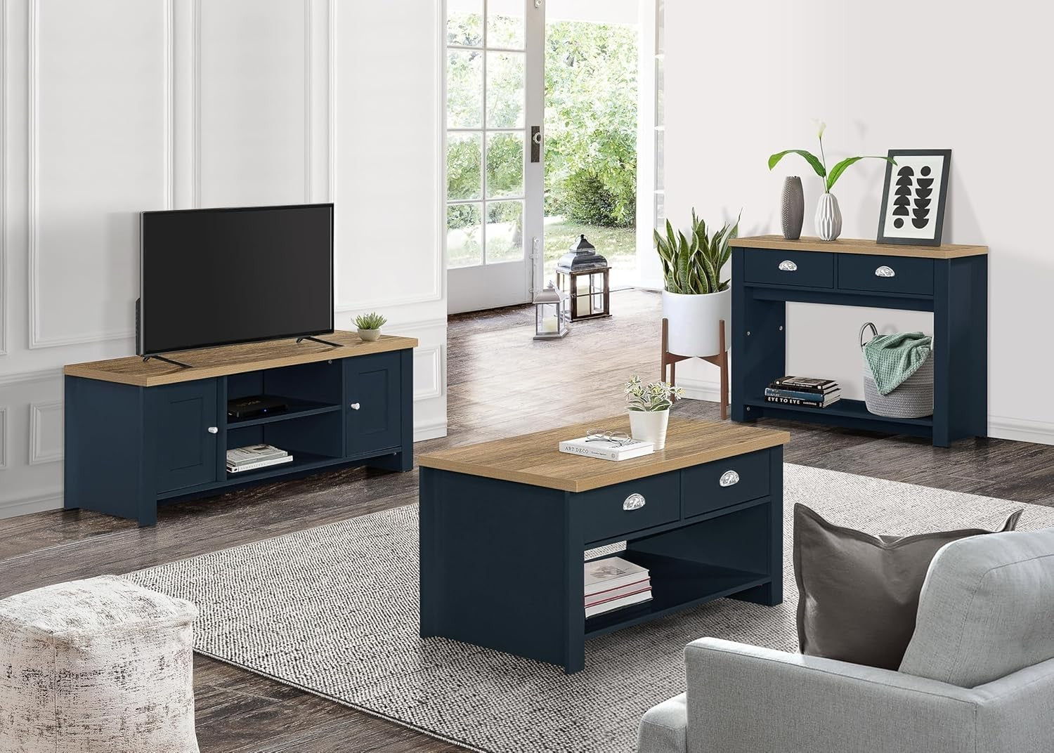 Rustic Blue Oak Coffee Table with 2 Drawers – Farmhouse Storage & Chic Design