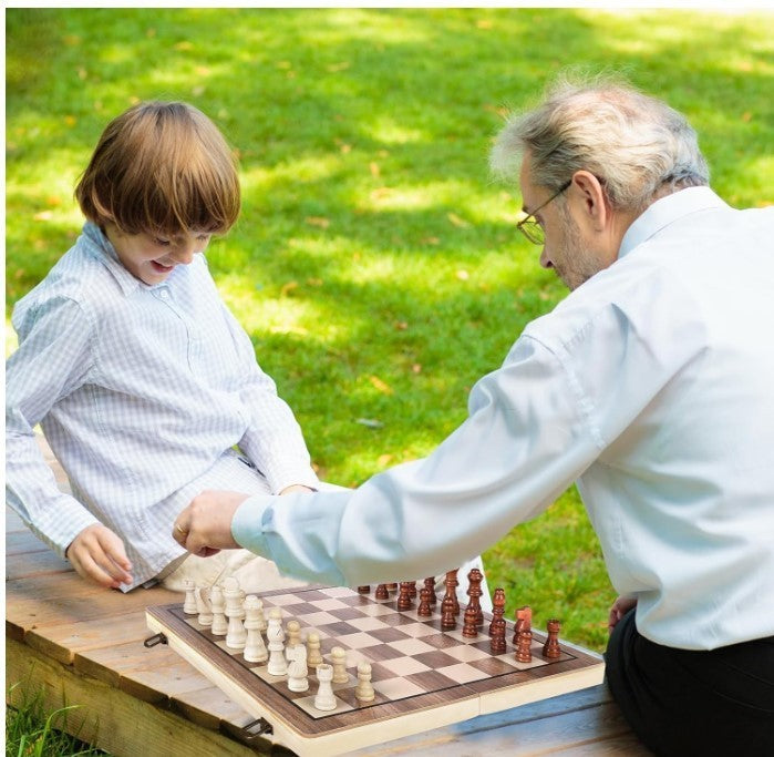 39cm Wooden Magnetic Chess Set 2-in-1 Folding Chess & Checkers Board