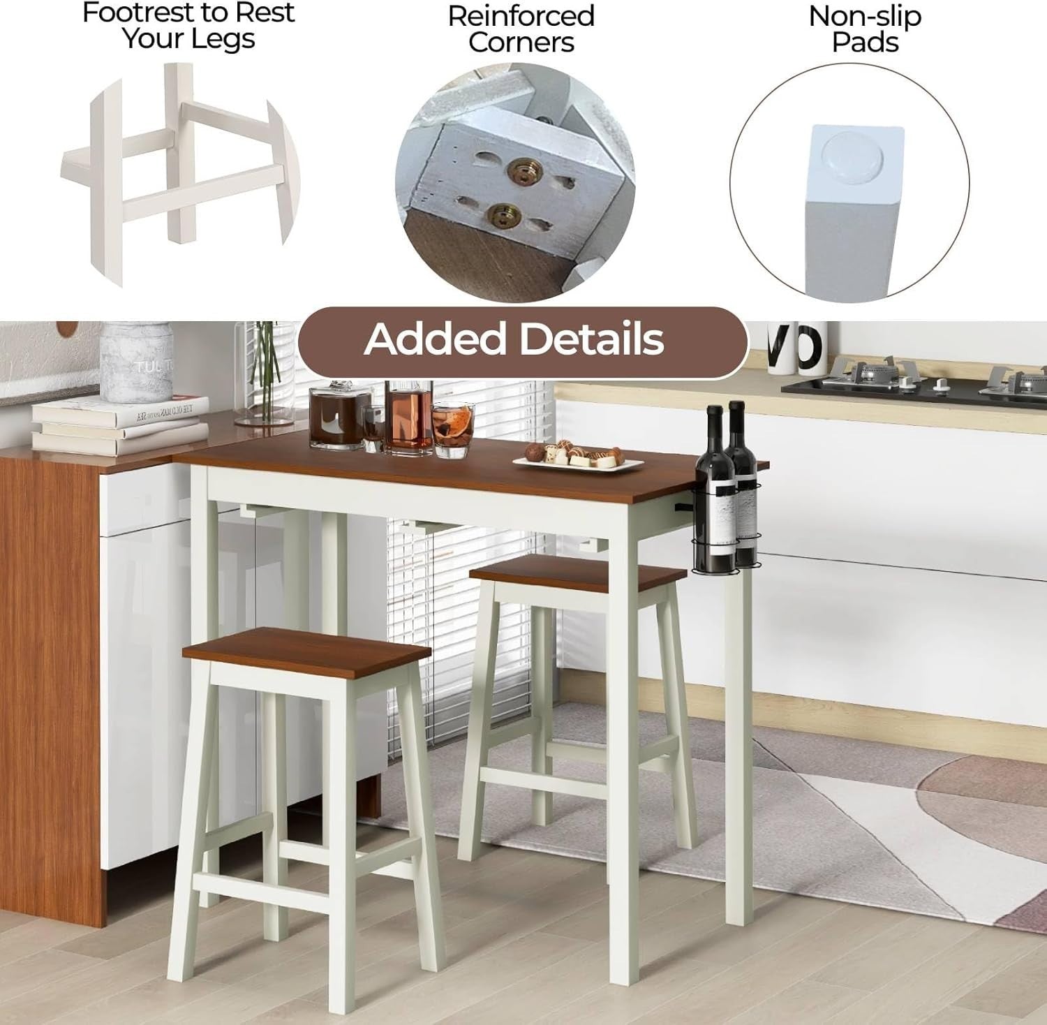 Cream White & Walnut Space-Saving Bar Table Set 2 Stools, Wine Holders, Footrest